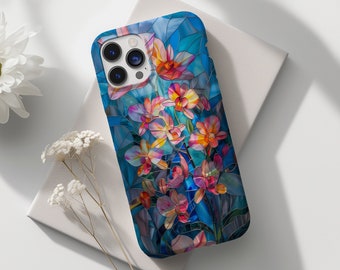 May include: A phone case with a stained glass design featuring pink and purple orchids on a blue background.