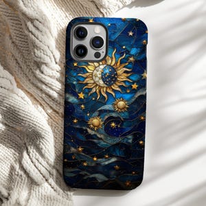 Målat glas galax sol måne telefonskal himmelsk konst iPhone stjärnklar natt iPhone 16 15 14 13 12 Pro Max tufft skal Pixel 9 8 7 S25 S24 S23 bild 1