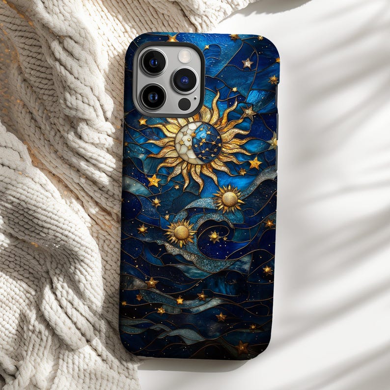 Målat glas galax sol måne telefonskal himmelsk konst iPhone stjärnklar natt iPhone 16 15 14 13 12 Pro Max tufft skal Pixel 9 8 7 S25 S24 S23 bild 1