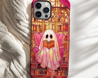 Funda para teléfono con diseño de fantasma rosa leyendo un libro, estética de lector fantasma y lector, para iPhone 13, 14, 15, 16 Pro Max, funda resistente MagSafe para Pixel 9, 8, 7, S25, S24 y S23, regalo