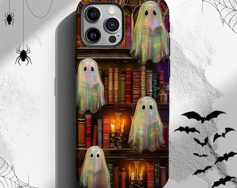 Ghost Bookshelf Phone Case Halloween Bookish Ghost Reader Aesthetic iPhone 17 14 15 16 Pro Max MagSafe Tough Case Pixel 9 8 7 S25 S24 Gift