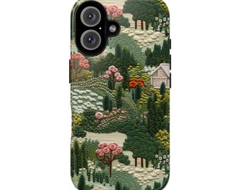 Faux 3D Embroidered Village Phone Case Green Artsy Case Aesthetic iPhone 16 15 14 13 12  Pro Max Mini Tough Case Pixel 6 7 8  Galaxy s24 s23