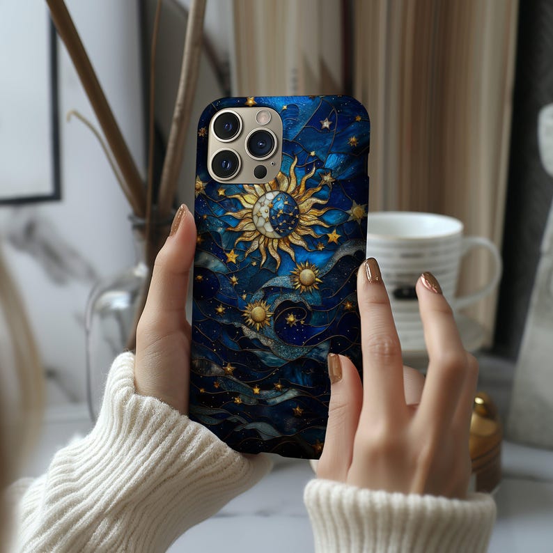 Målat glas galax sol måne telefonskal himmelsk konst iPhone stjärnklar natt iPhone 16 15 14 13 12 Pro Max tufft skal Pixel 9 8 7 S25 S24 S23 bild 9