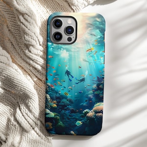 Funda para teléfono con diseño de buzo, regalo para amantes del buceo, diseño de peces coloridos, funda resistente para iPhone 16, 15, 14, 13, 12 Pro Max, Pixel 9, 8, 7, S25, S24, S23