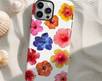 Colorful Hibiscus Spring Phone Case, Vibrant Summer Botanical Flower Case iPhone 16 15 14 13 12 Pro Max Tough Case Pixel 9 8 7 S25 s24 s23