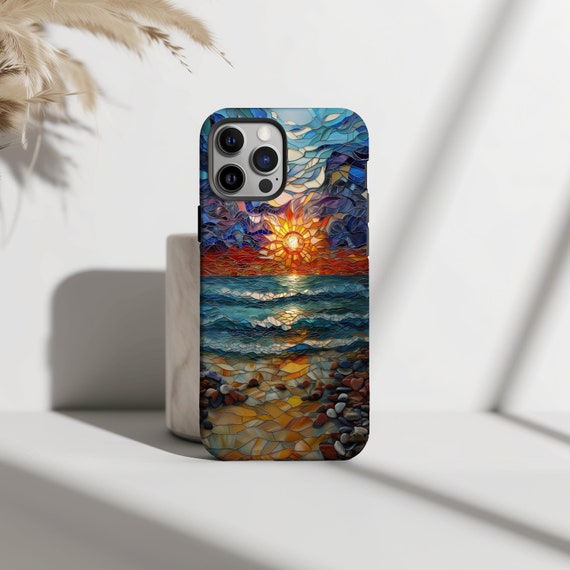 Stained Glass Sunset Phone Case Beachy Phone Case Aesthetic iPhone 17 16 15 14 13 Pro Max Mini Tough Case Pixel 9 8 7 Galaxy s24 s25