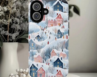 Cute Winter Cabin Phone Case Snowy Village Scene Cover Christmas Holiday iPhone 16 15 14 13 12 Pro Max Tough Case Pixel 7 8 S23 s24
