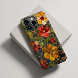 Gebrandschilderd glas Marygold telefoonhoesje Mozaïek Wildflower zomer telefoonhoesje Boho Esthetic iPhone 16 15 14 13 Pro Max stevig hoesje Pixel 7 8 S23 s24