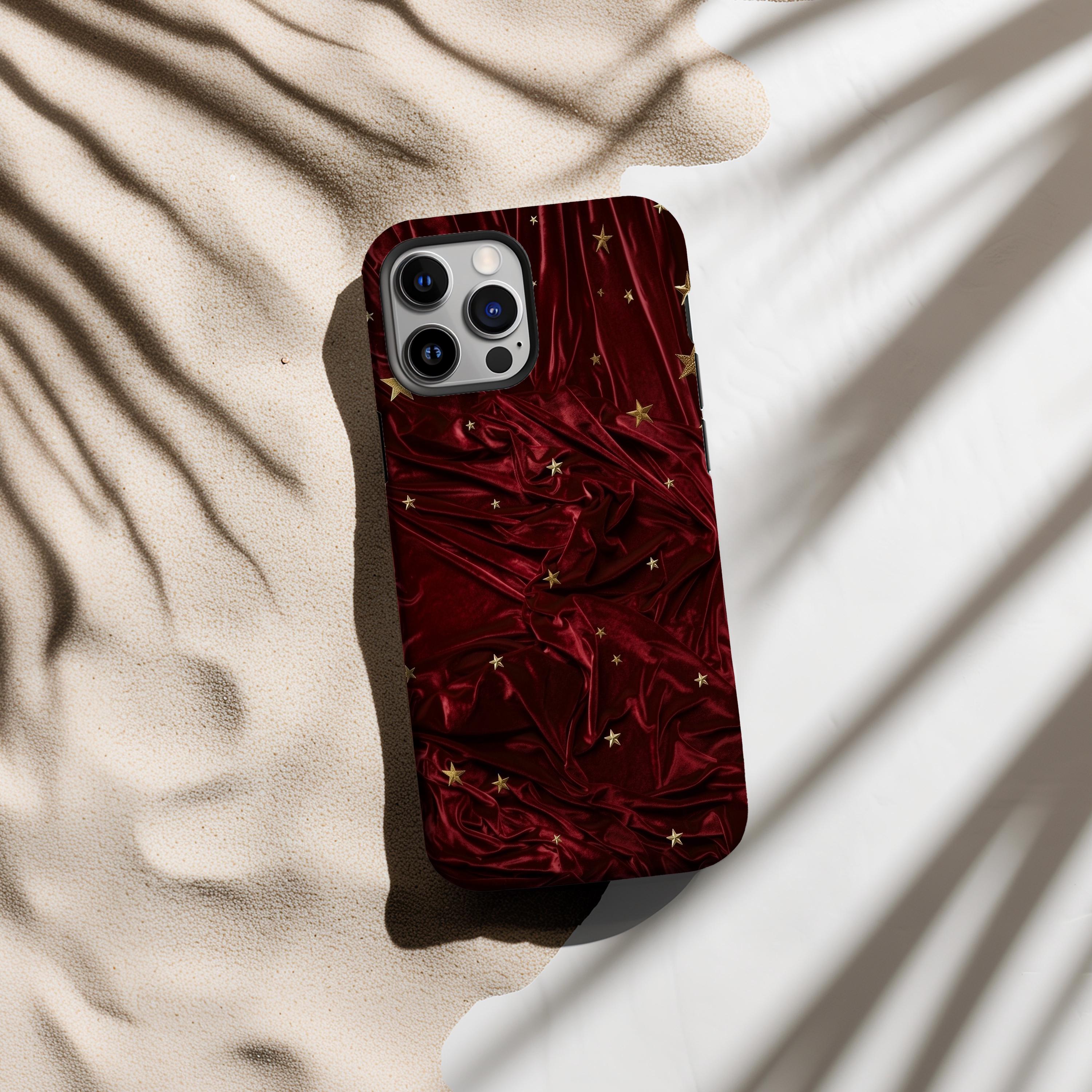Red Velvet Gold Stars Phone Case, Luxury Celestial iPhone 17 16 15