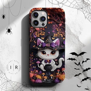 Vintage Spooky Cat Witch Phone Case Halloween Girly Cute Cat Lover Colorful Mushroom Forest Illustration, Iphone  Pixel Case