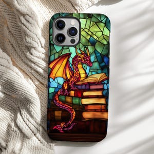 Dragon on Books, Mythical Phone Cover, Reading Dragon Art Fantasy Creature Case, Dragon Lover Gift iPhone 16 15 14 13 12 Pro Max Tough Case
