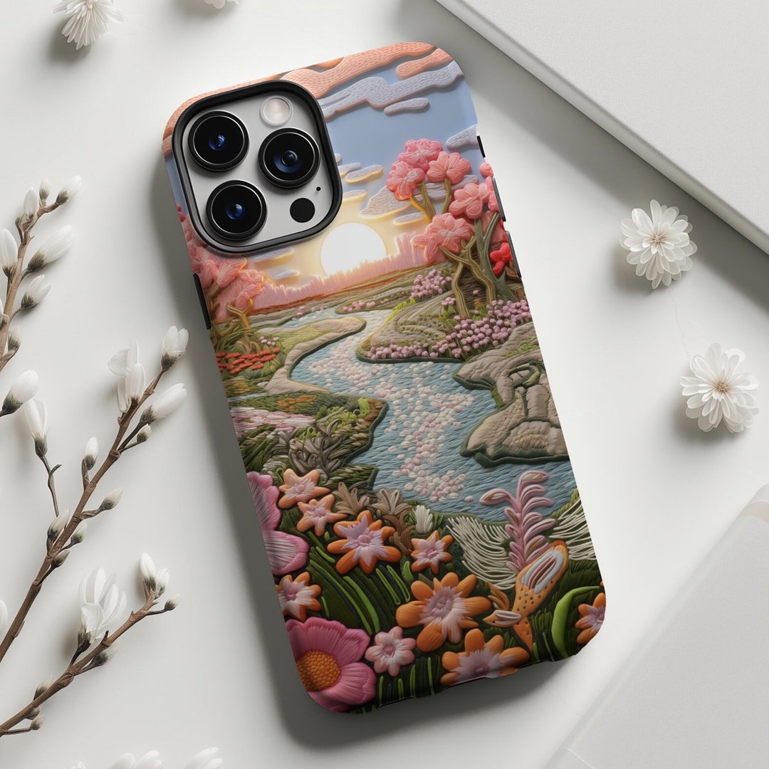 Phone Case Pattern Spring Vintage Art Spring Embroidered Phone Case Pastel Floral Aesthetic ...
