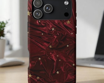 Red Velvet Gold Stars Phone Case, Luxury Celestial iPhone 17 16 15