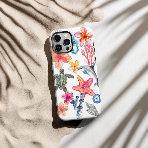 Colorful Ocean Life Phone Case, Sea Turtle Dolphin Starfish Case