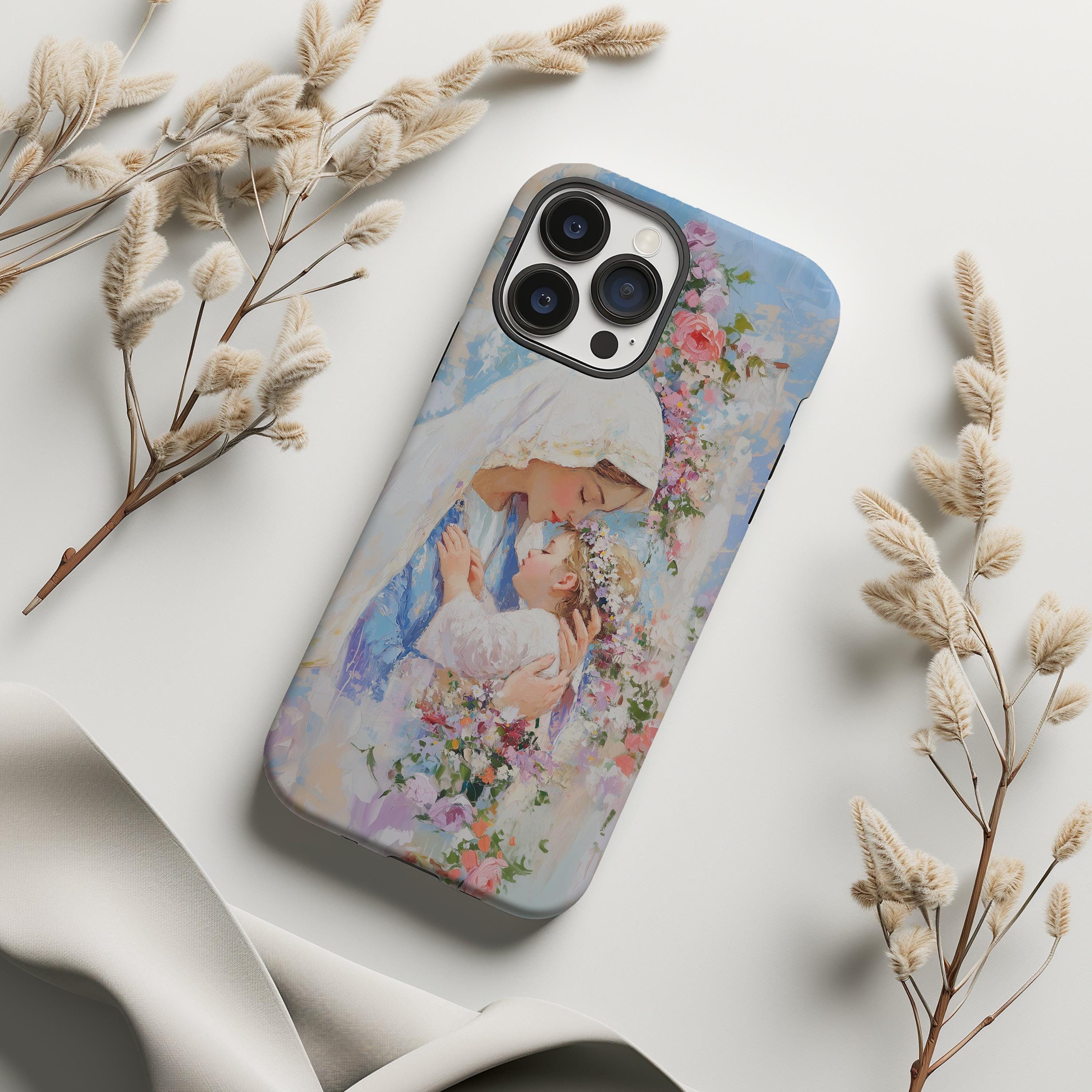 Christian Phone Case, Mother Mary and Child, Floral Art Design, Religious, Christian Artwork, Beautiful Devotional Phone Case, Inspirational