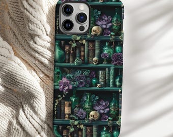 Green Vintage Gothic Bookshelf Phone Case Aesthetic Dark Cottagecore iPhone 16 15 14 13 12 Pro Max Tough Case, Pixel 9 8 7, S25 S24 S23