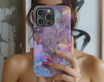 May include: A purple, pink, and blue phone case with a design of jellyfish and coral. The case has a clear back and a raised camera bump.