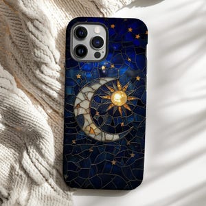 Celestial Moon Sun Stars Phone Case, Mystical Faux Stained Glass Effect iPhone 16 15 14 13 12 Pro Max Tough Case Pixel 9 8 7 S25 s24 s25