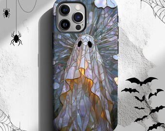 May include: A smartphone case featuring a stained-glass design of a ghost. The case has a pearlescent, multi-colored appearance with a white ghost figure. The background includes spiderwebs and bats, creating a Halloween theme.