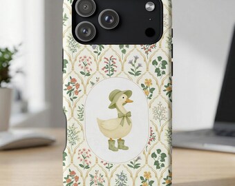 Cottagecore Duck Phone Case, Whimsical Floral Farm Goose iPhone 17 16 15 14 Pro Max Tough Case, Cute Animal Pixel S26 S25 Samsung Gift