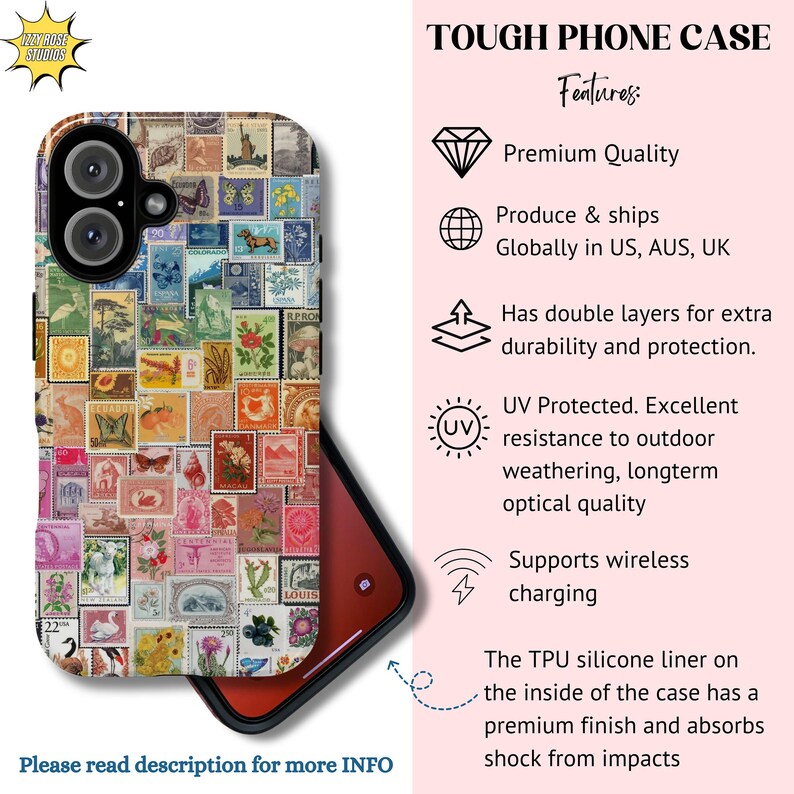 Funda para teléfono con collage de sellos postales vintage, funda resistente con sellos retro para iPhone 16, 15, 14, 13 y 12 Pro Max, Pixel 9, 8, 7, S25, S24 y S23, funda colorida imagen 4