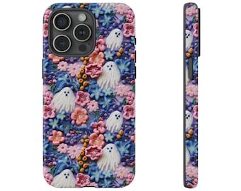 May include: A phone case featuring a 3D floral design with white ghost figures. The case has a lavender background with pink, blue, and orange flowers. The case is shown from the front and side.