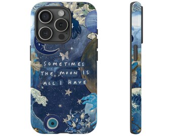 Personalized Blue Celestial Moon Stars Custom Phone Case Mystical Dreamy Space Design iPhone 12 13 14 15 Pro Max Mini Pixel 6 7 Galaxy 22 23