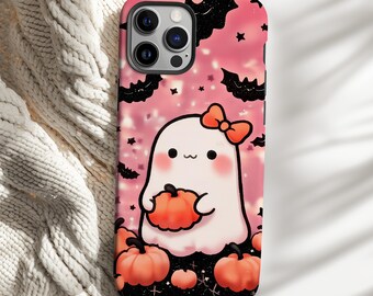 Cute Halloween Phone Case Girly Spooky Bow Ghost Pastel Aesthetic iPhone 13 14 15 16 Pro Max MagSafe Tough Case Pixel 9 8 7 S25 S24 S23 Gift