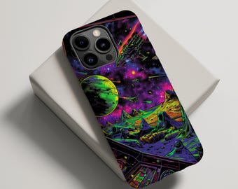 May include: A phone case featuring a vibrant space-themed illustration. The design showcases a green planet, spaceships, and a colorful nebula against a black background. The case has a black border and a multi-lens camera cutout.