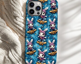 Cute Bunny Skateboard Phone Case Easter Spring iPhone, Rabbit Hat Blue iPhone 16 15 14 13 12 Pro Max Tough Case Pixel 9 8 7 S25 s24 s23