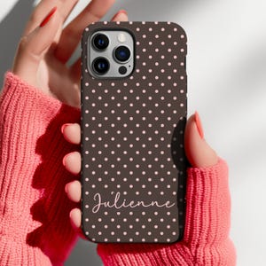 Personalisierte braune Polka Dot Name Telefonhülle, benutzerdefinierte Streifen Telefonhülle, Retro Minimalist iPhone 17 16 15 14 13 12 11 Pro Max