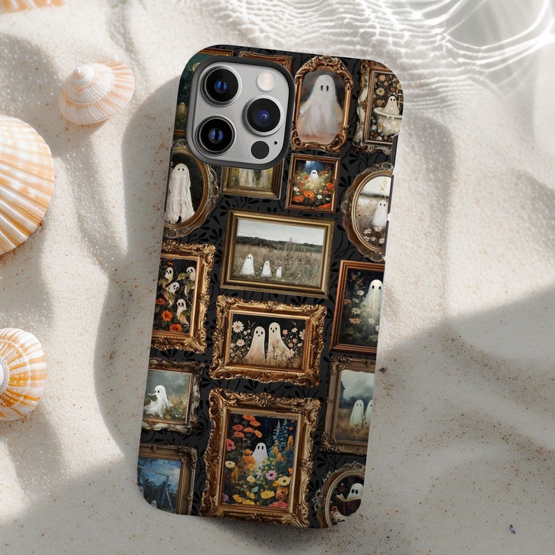 Custodia per telefono con cornice artistica vintage con motivo fantasma, elegante e retrò, con estetica spettrale, per iPhone 16, 15, 14, 13 e 12 Pro Max, resistente, per Pixel 9, 8, 7, S25, S24 e S23. immagine 10
