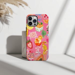 Funda para teléfono con collage de martini rosa colorido, funda para teléfono de verano coqueta, estética moderna, funda resistente para iPhone 13, 14, 15 Pro Max, Pixel 6, 7, 8, S23, S22