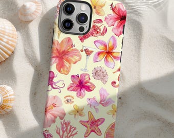 Colorful Tropical Collage Phone Case, Flowers Sea Beach Vibes Accessory iPhone 16 15 14 13 12 Pro Max Tough Case Pixel 9 8 7 S25 s24 s23