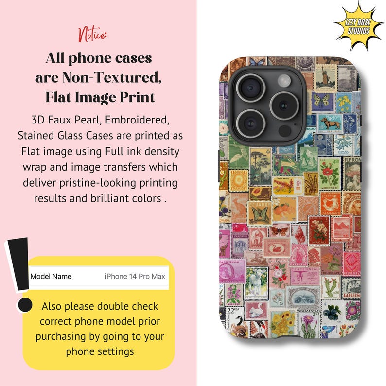Funda para teléfono con collage de sellos postales vintage, funda resistente con sellos retro para iPhone 16, 15, 14, 13 y 12 Pro Max, Pixel 9, 8, 7, S25, S24 y S23, funda colorida imagen 5