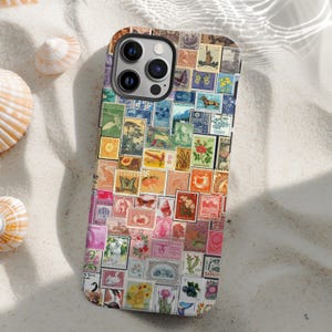 Funda para teléfono con collage de sellos postales vintage, funda resistente con sellos retro para iPhone 16, 15, 14, 13 y 12 Pro Max, Pixel 9, 8, 7, S25, S24 y S23, funda colorida imagen 10