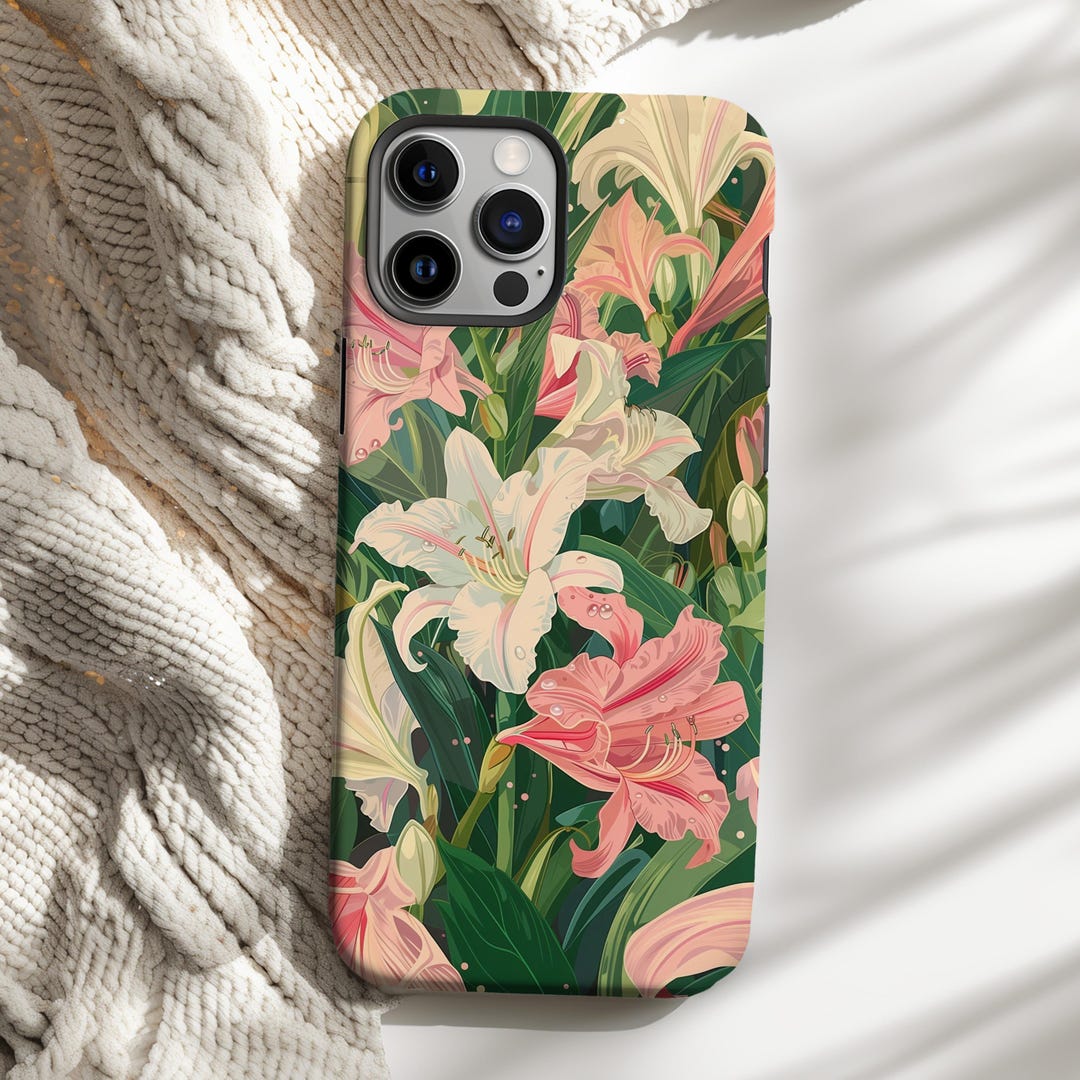 Lily Garden Phone Case, Floral Art Phone Cover Pink White Lilies