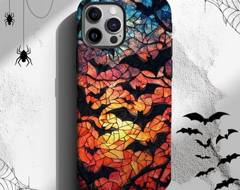 Spooky Bat Phone Case Stained Glass Halloween Phone Case Ghost Aesthetic iPhone 14 15 16 Pro Max MagSafe Tough Case Pixel 9 8 7 S25 S24 Gift