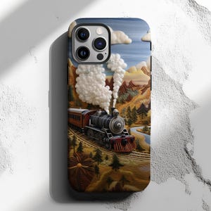 May include: A phone case with a colorful illustration of a train traveling through a mountainous landscape. The train is emitting smoke and is surrounded by trees and a river. The case has a camera cutout and a textured surface.