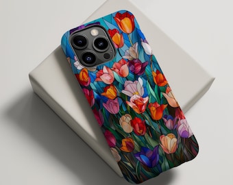 Stained Glass Bright Tulips Phone Case Mosaic Wildflower Summer Phonecase Boho Aesthetic iPhone 16 15 14 13 12 Pro Max Case Pixel 8 7 S24