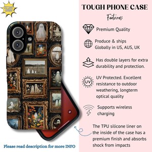 Custodia per telefono con cornice artistica vintage con motivo fantasma, elegante e retrò, con estetica spettrale, per iPhone 16, 15, 14, 13 e 12 Pro Max, resistente, per Pixel 9, 8, 7, S25, S24 e S23. immagine 4