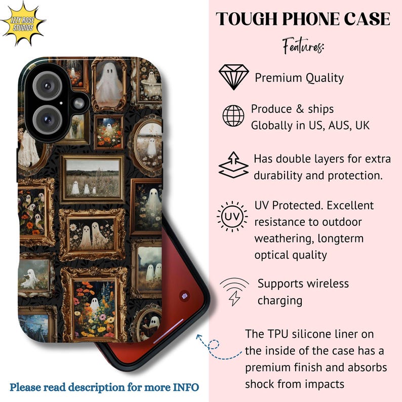 Custodia per telefono con cornice artistica vintage con motivo fantasma, elegante e retrò, con estetica spettrale, per iPhone 16, 15, 14, 13 e 12 Pro Max, resistente, per Pixel 9, 8, 7, S25, S24 e S23. immagine 4