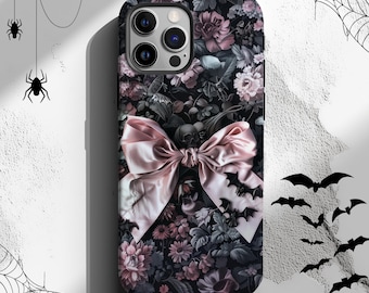 Funda de Halloween, funda de terror, funda resistente con estética otoñal para iPhone 16, 15, 14, 13 y 12 Pro Max, funda floral, murciélagos, funda de calavera