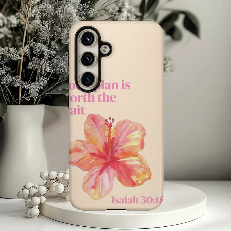 God's Plan Is Worth The Wait Floral Art, Inspirational Scripture Phone Case, iPhone Tough Case, Galaxy S24 Case, Faith Quote Cover image 3