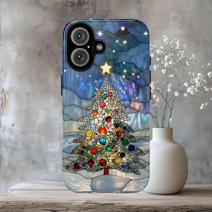 Custodia natalizia per telefono con mosaico, albero di Natale, vetro colorato, custodia invernale blu, pino natalizio, per iPhone 16, 15, 14, 13 Pro Max, custodia resistente per Pixel 7, 8, S23, S24