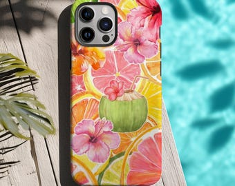Tropical Hibiscus Citrus Phone Case, Colorful Floral Summer Aesthetic iPhone 16 15 14 13 12 Pro Max Tough Case Pixel 9 8 7 S25 S24 S23