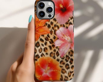 Leopard Hibiscus Phone Case, Tropical Floral Summer iPhone 16 15 14 13 12 Pro Max Tough Case, Pixel 9 8 7 Cases, Cheetah Y2K Print Case