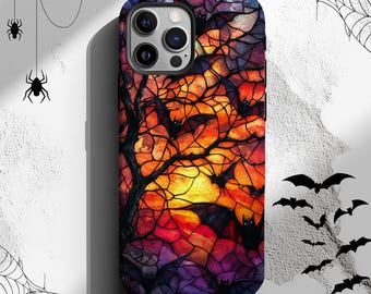 Spooky Bat Phone Case Stained Glass Halloween Phone Case Ghost Aesthetic iPhone 14 15 16 Pro Max MagSafe Tough Case Pixel 9 8 7 S25 S24 Gift
