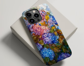 May include: A phone case with a stained glass design featuring colorful hydrangeas. The case has a cutout for the phone's camera.