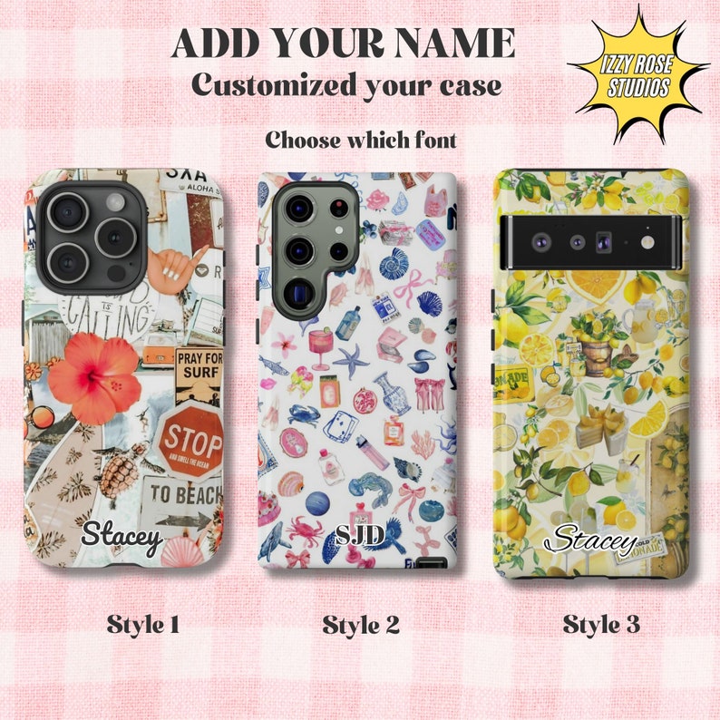 three cell phones with different designs on them